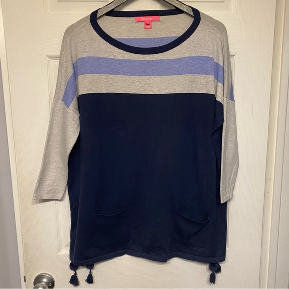 Lilly Pulitzer Navy and Gray Striped Top 3/4 sleeve small - Picture 1 of 12